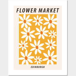 Flower market, Edinburgh, Colorful retro print, Fun art, Cottagecore, Positive art, Abstract yellow flowers Posters and Art